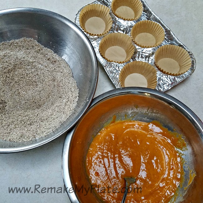 Mix your wet and dry ingredients separately before combining them to create these keto pumpkin spice muffins.