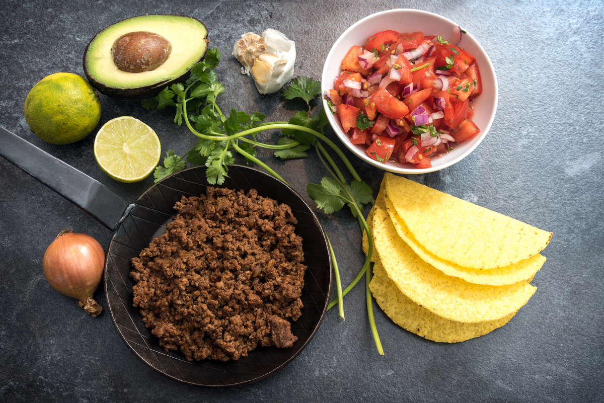 seasoned taco meat in a skillet