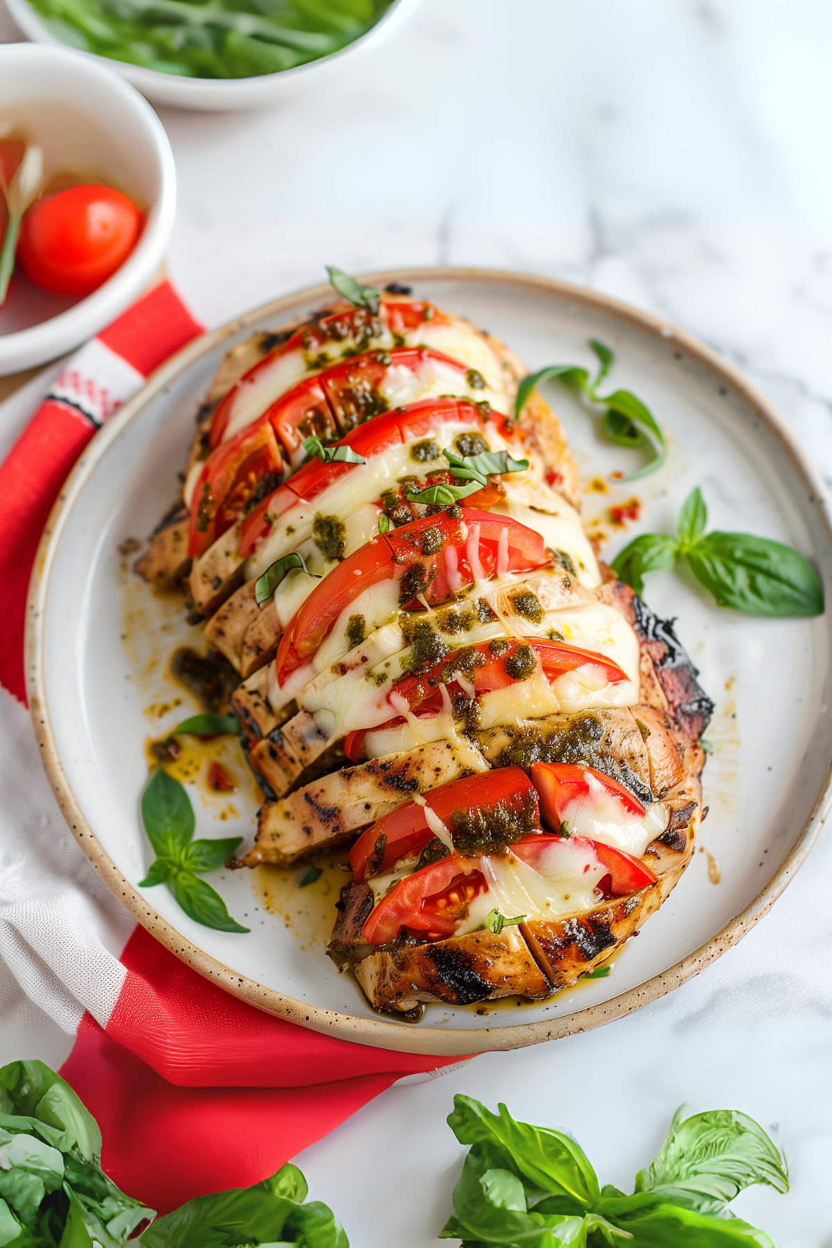 caprese hasselback chicken recipe on a plate with fresh basil on top