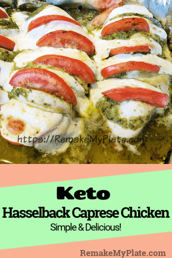 How To Make Keto Hasselback Caprese Chicken | Remake My Plate Stuff with fresh mozzarella and tomato slices. Add a fresh basil leaf in between the cheese and tomato slices for even bigger flavor. #ketochicken #hasselbackchicken #hasselback #ketodinnerideas #ketorecipes #remakemyplate