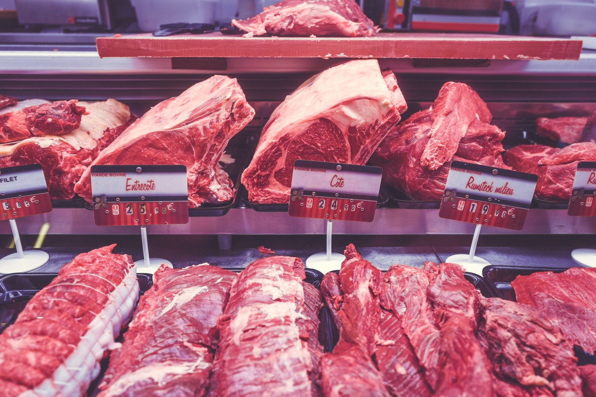 cuts of beef in a butcher shop
