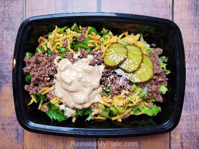 keto big mac salad in meal prep container