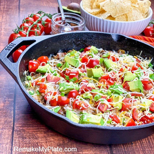 beef taco Mexican skillet recipe in cast iron pan