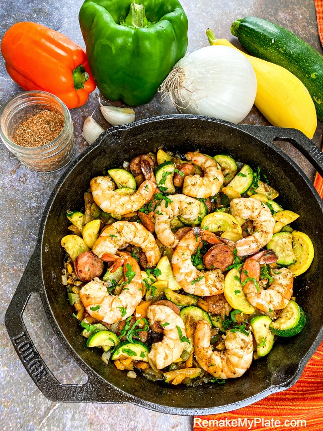 Keto cajun shrimp and vegetables in a skillet