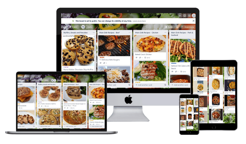 Trello apps for meal planning showing on a computer, tablet and cellphone