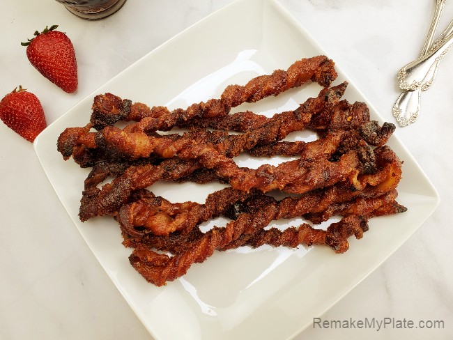 twisted bacon on serving platter