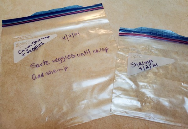 Freezer bags labeled with the recipe name and date.