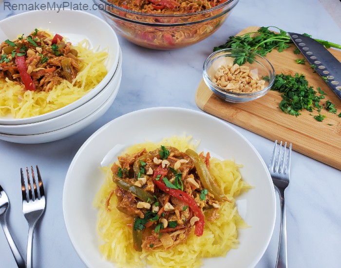 keto chicken pad thai recipe served over spaghetti squash