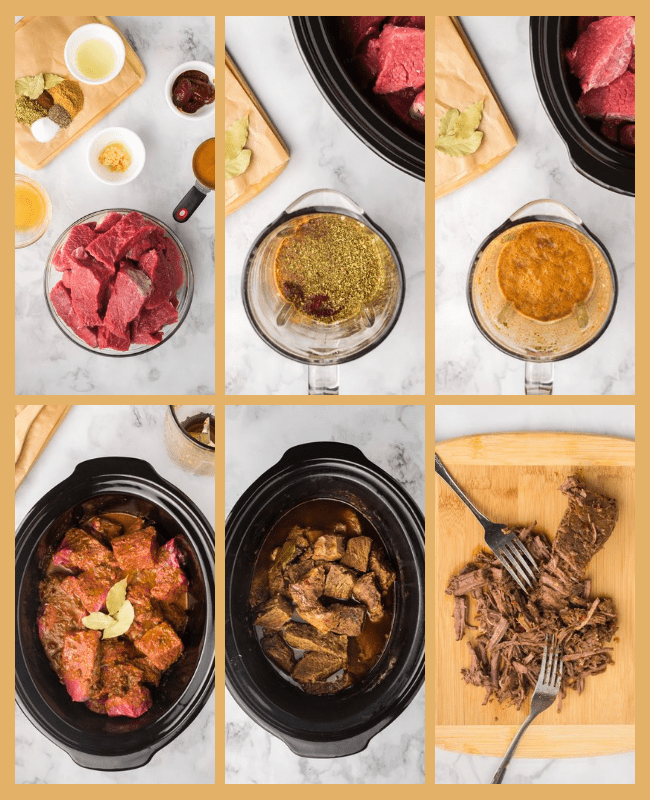 process shots showing the steps to make this chipotle copycat recipe of beef barbacoa