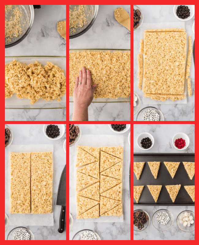 pressing rice krispie treats into pan and cutting into triangle shapes
