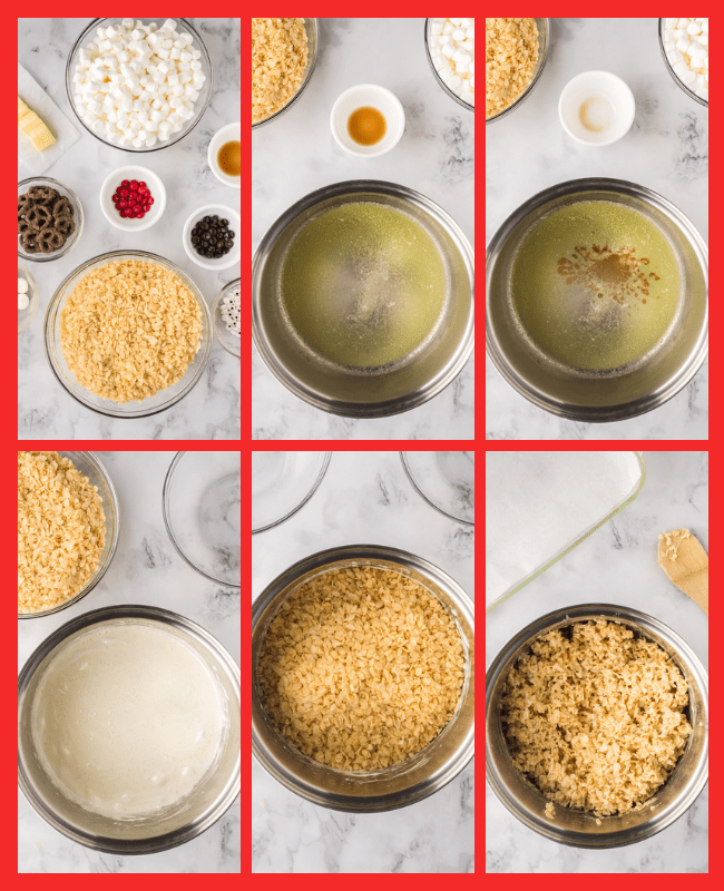 mixing ingredients for reindeer Christmas rice krispie treats
