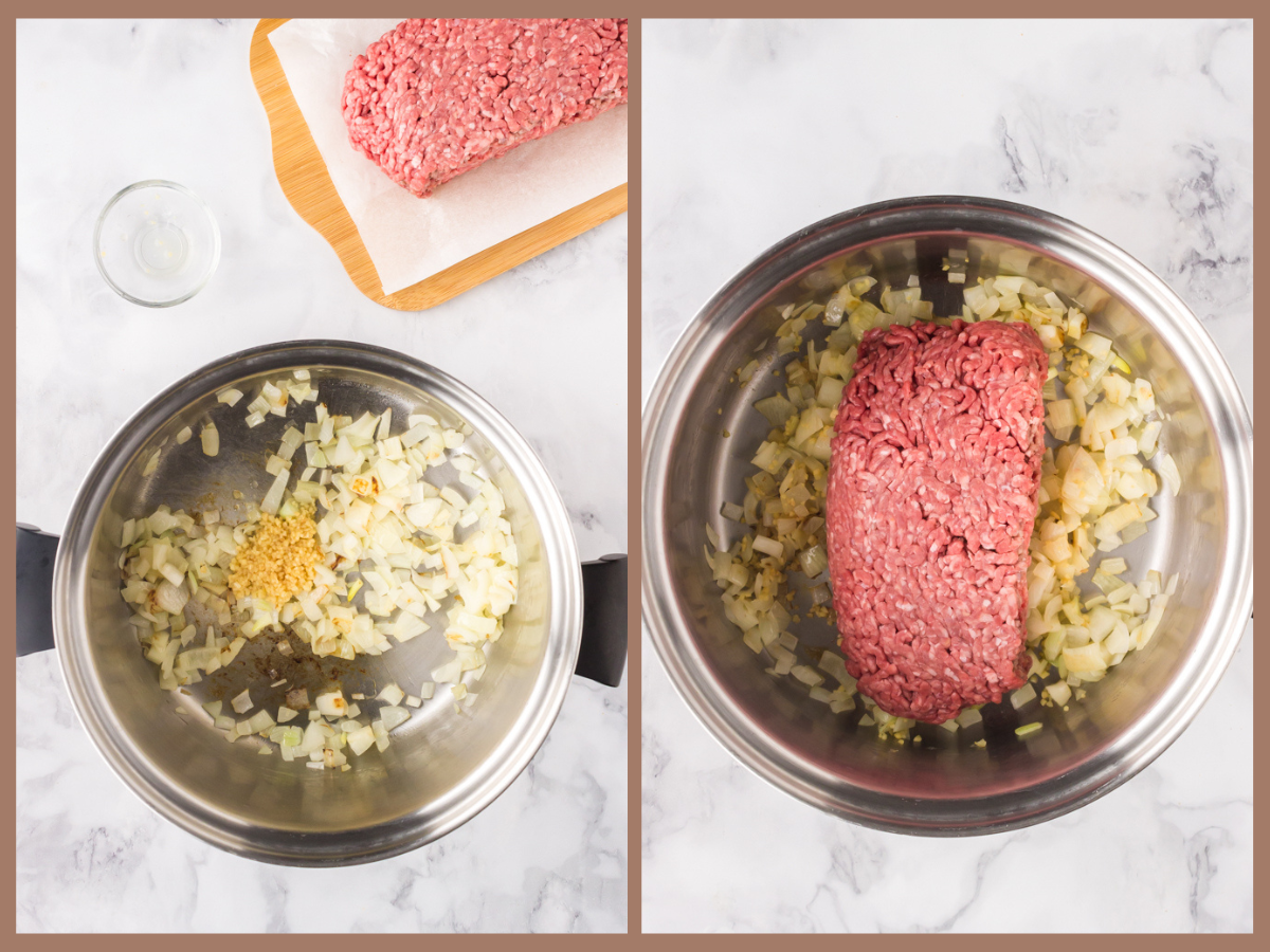 Process shots showing cooking the onions, garlic and ground beef in a pot.