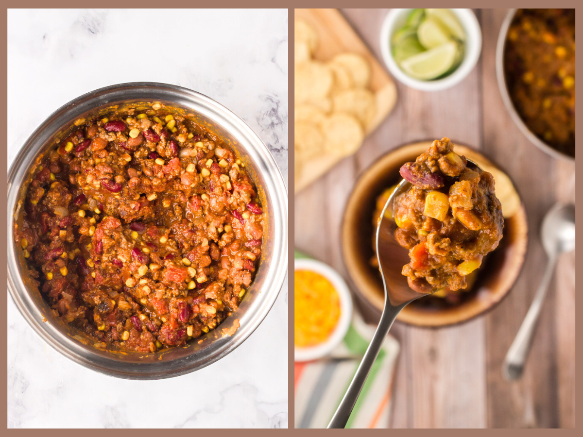 Pot filled with pumpkin chili.