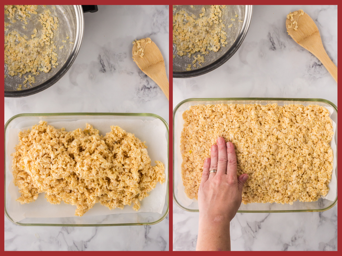 pressing the rice krispies into the baking dish