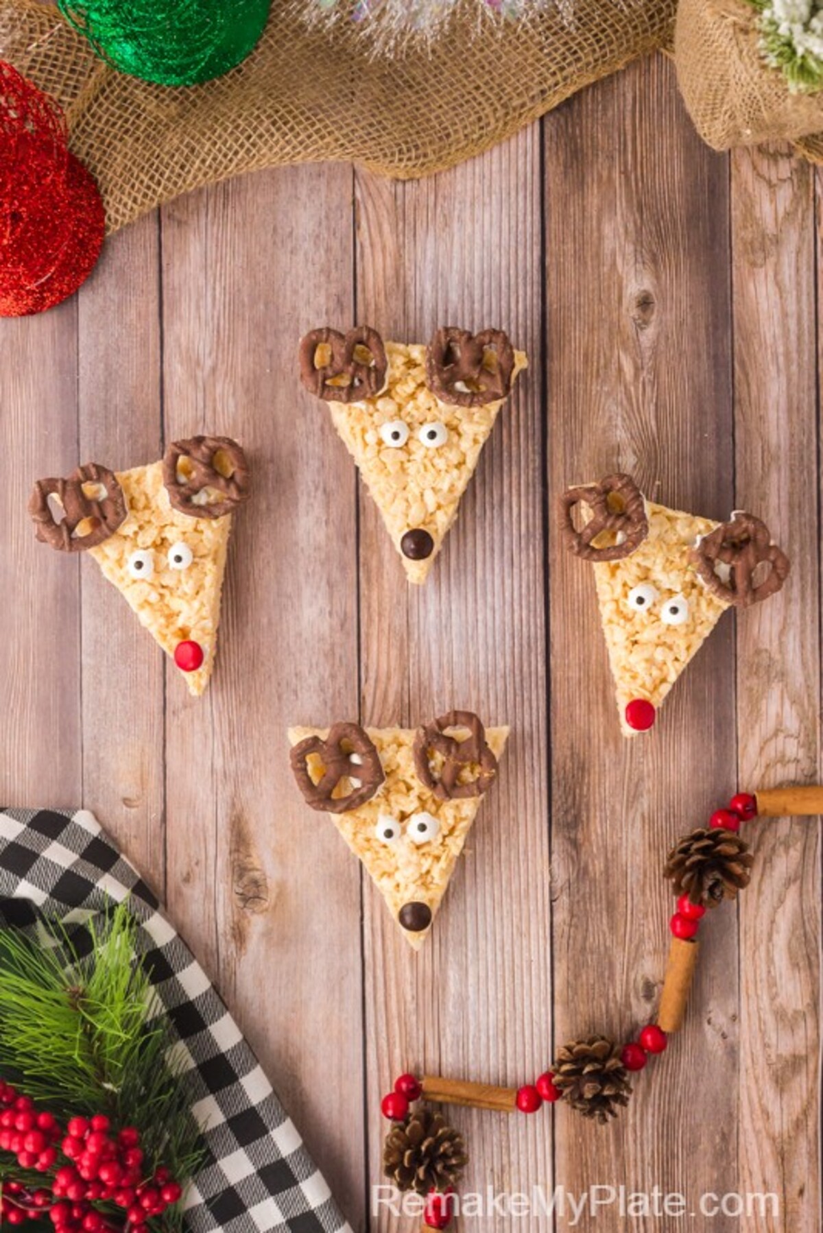 Reindeer Christmas rice krispie treats on the table