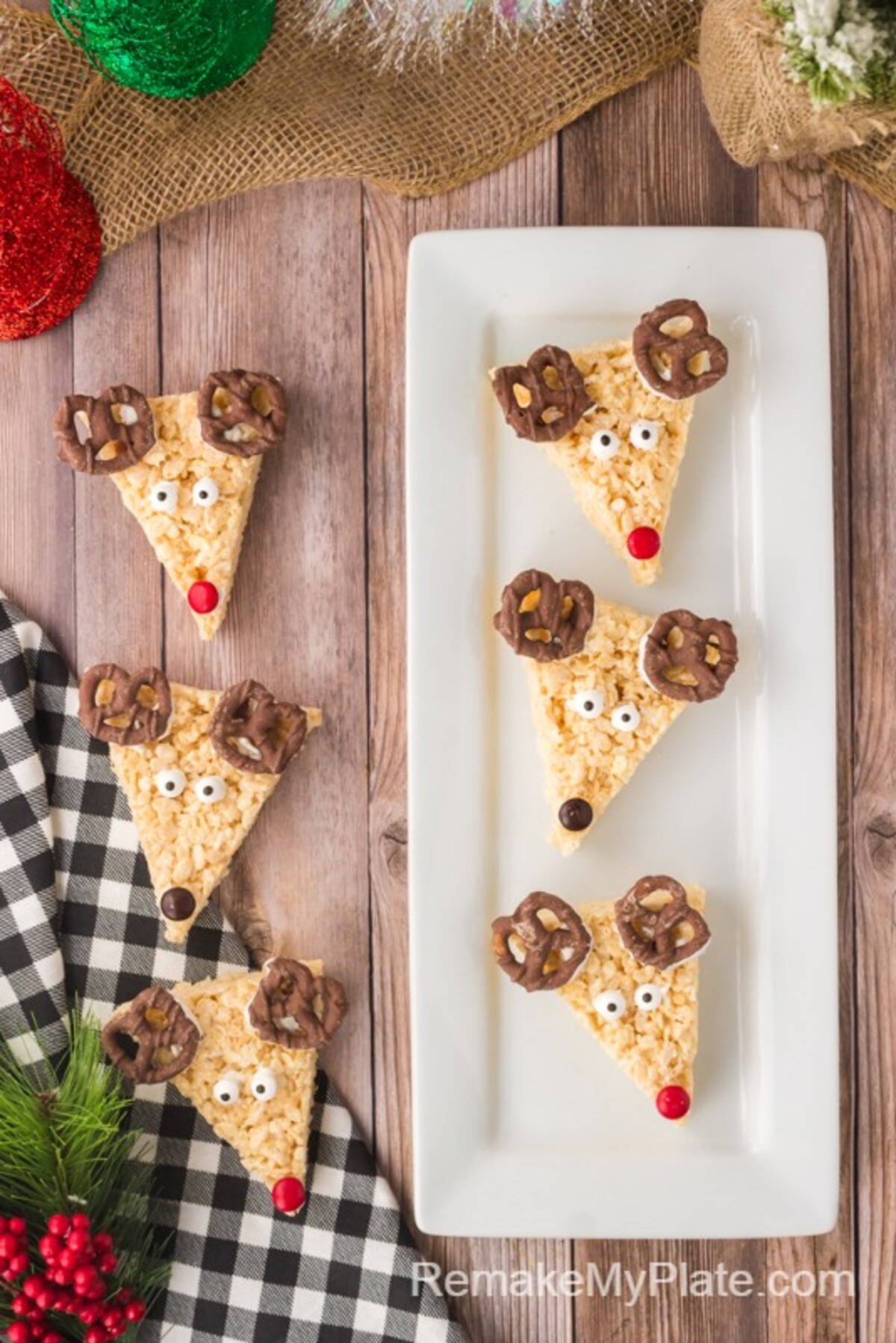 reindeer rice krispie treats on a platter