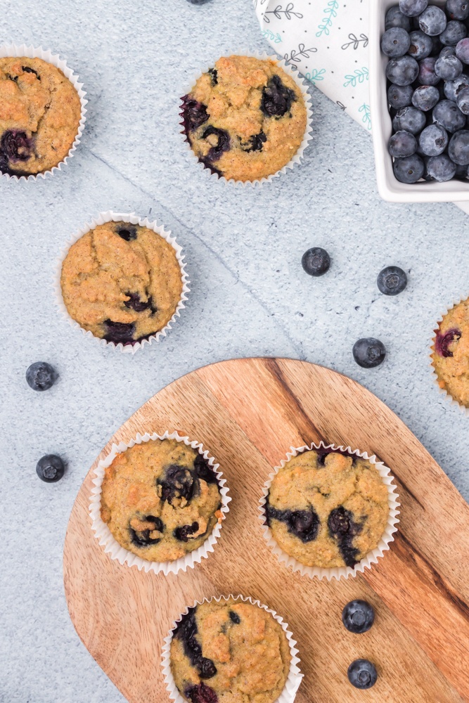 low carb blueberry muffins on a cutting board