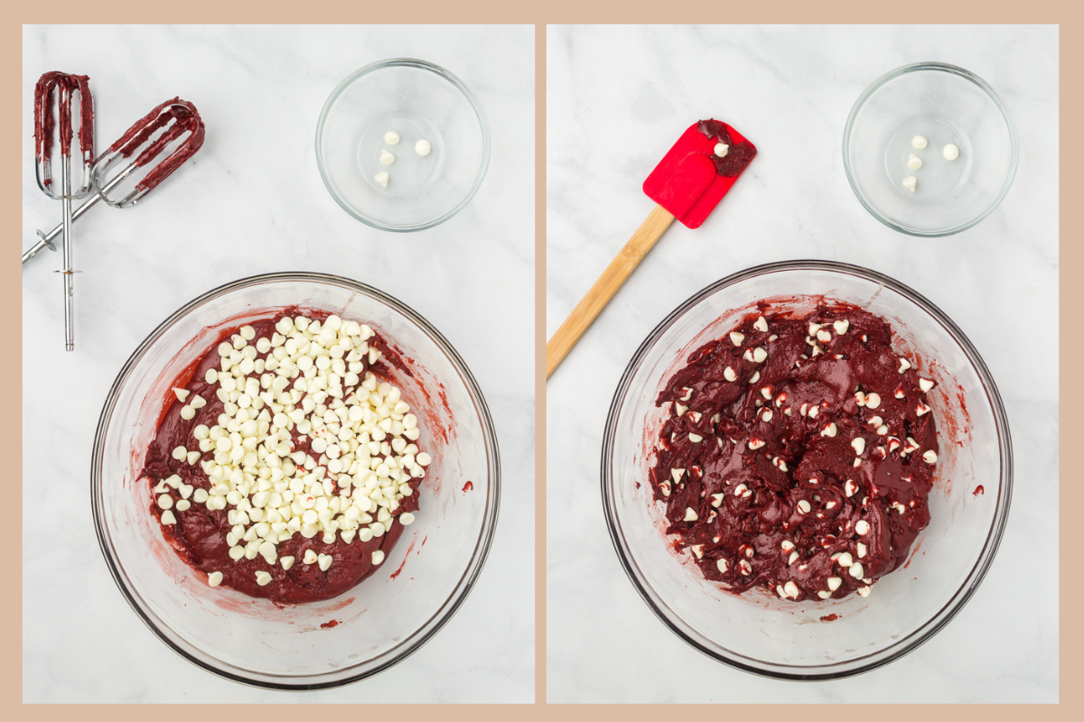 mixing in the white chocolate chips to the red velvet cookies batter
