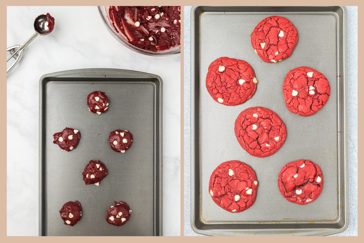 finished red velvet cake mix cookies on a cookie sheet