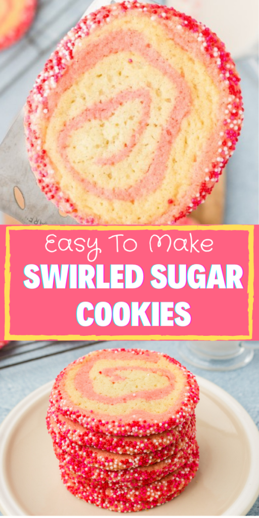 This easy swirled sugar cookie recipe uses ready made dough to quickly create these cute slice and bake cookies. Next time you're at the grocery store grab two rolls of sugar cookie dough and whip up a batch. #sugarcookie #cookierecipes #sugarcookierecipe #valentinesdaycookie