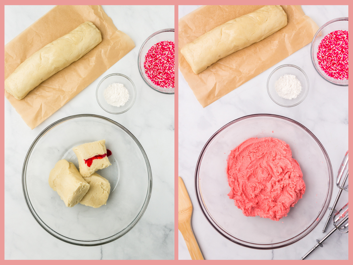 mixing food dye into sugar cookie dough