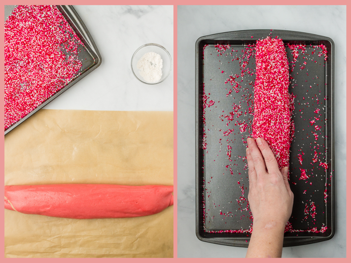 patting sprinkles all over the sugar cookie dough