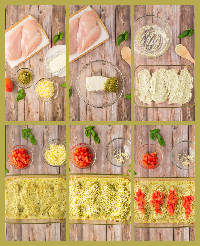 photo showing step by step directions for making creamy pesto chicken