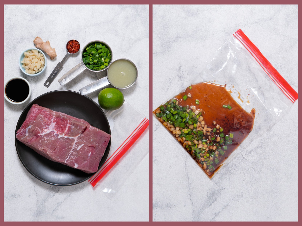 combining marinade ingredients into a plastic bag