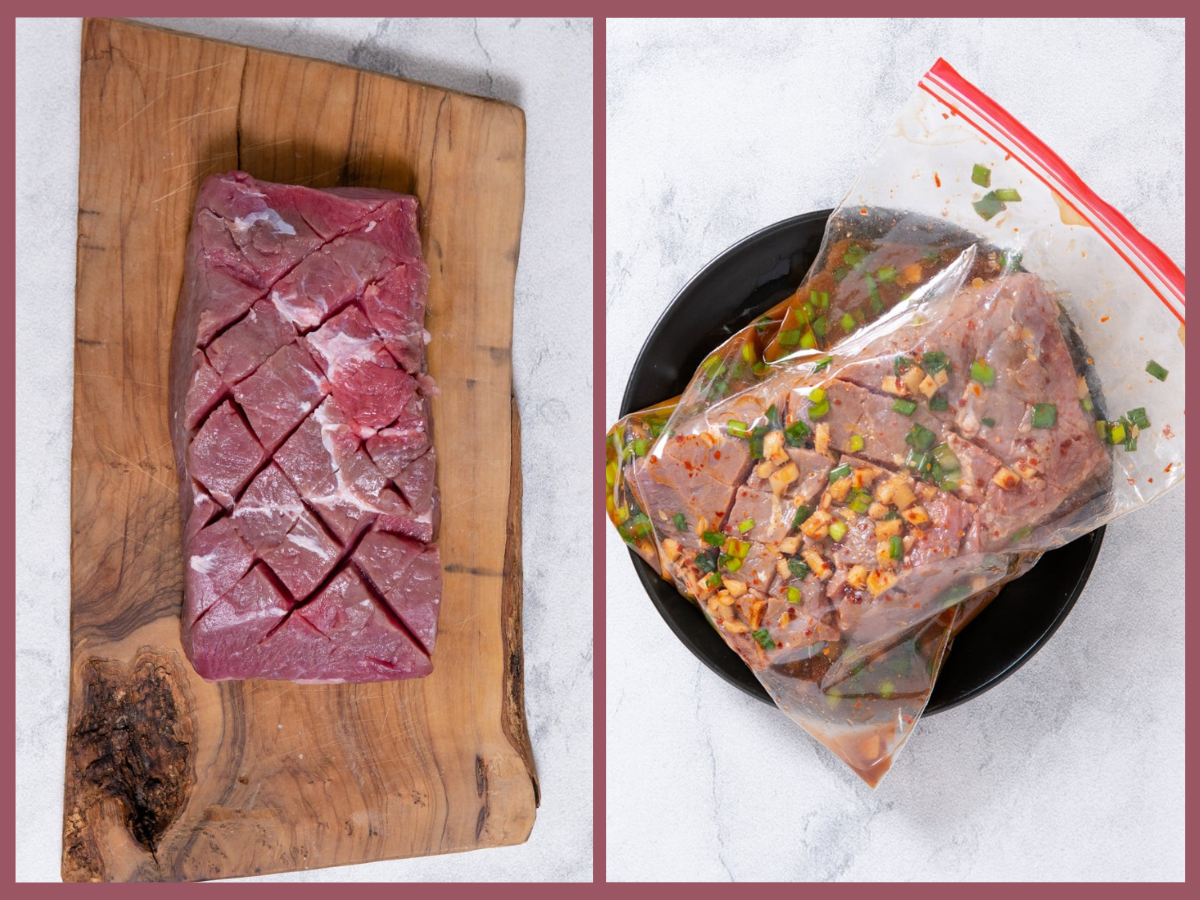 scoring the steak and placing the steak into the bag with the marinade