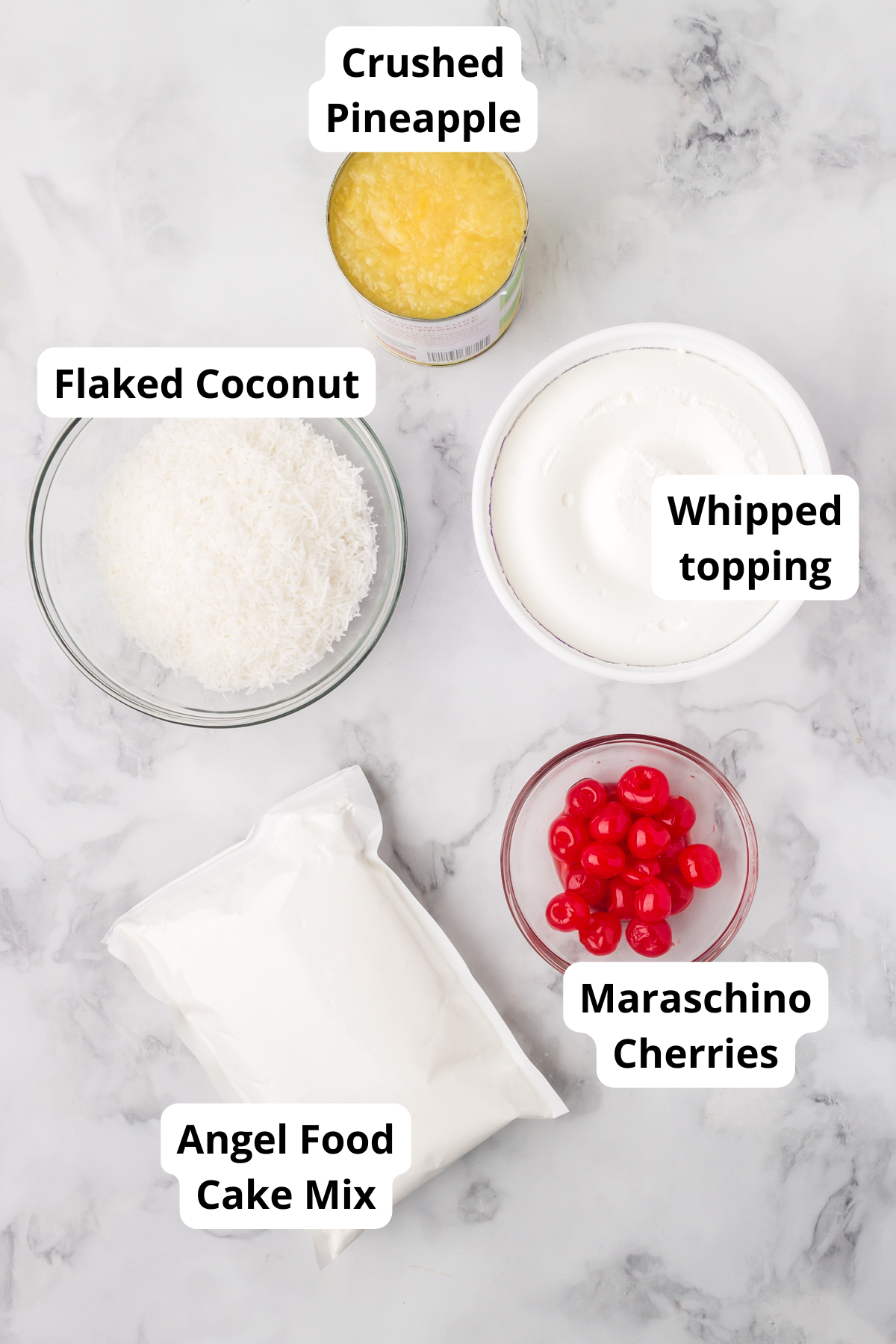 ingredients for pineapple coconut dump cake on a table