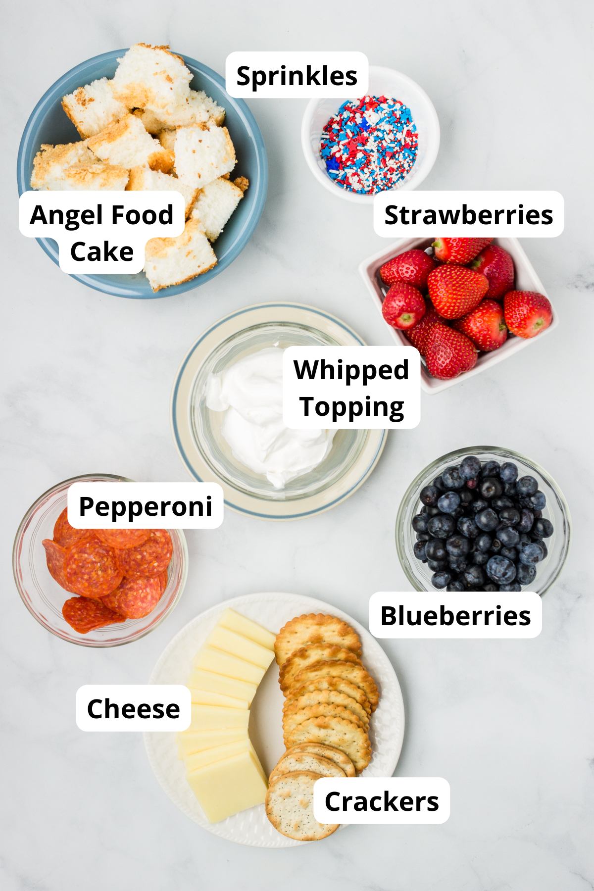 ingredients to make patriotic charcuterie board