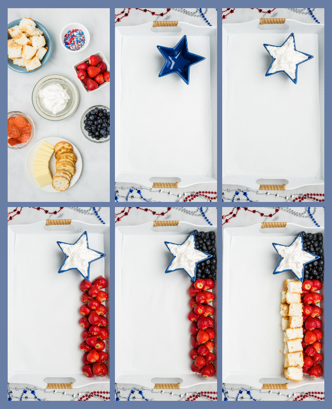 step by step process shots to make this patriotic charcuterie board