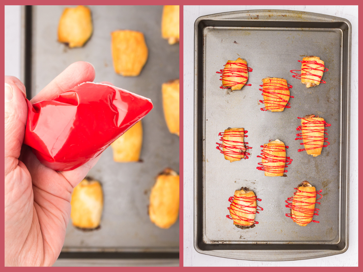 drizzling melted chocolate over the stuffed crescent rolls