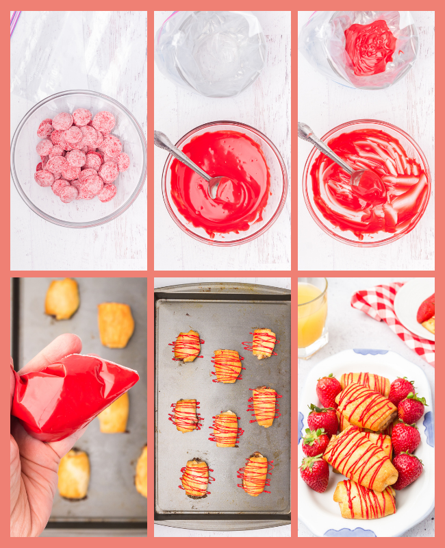 photos of the step by step process for creating the chocolate drizzle topping