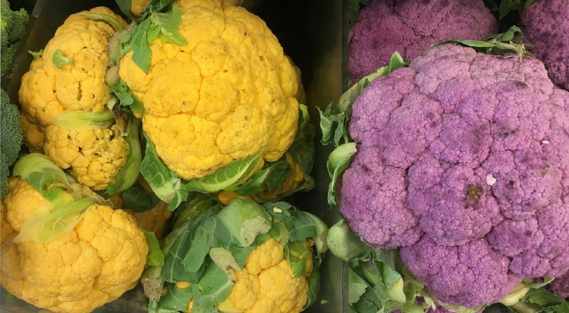 heads of yellow cauliflower and purple cauliflower on a table