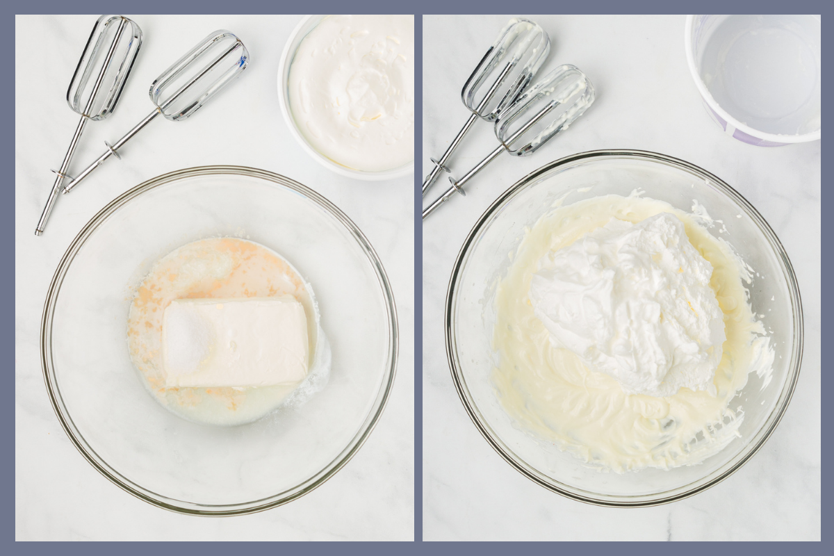 Whipping the cream cheese and mixing in the topping to create the trifle filling