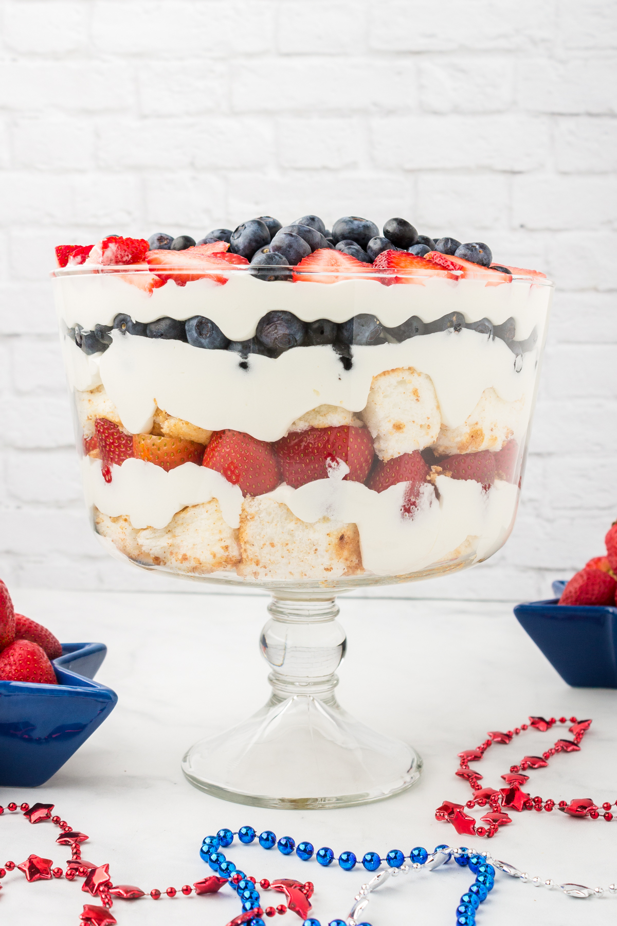 Patriotic Red, White And Blue Berry Trifle Recipe in a trifle bowl