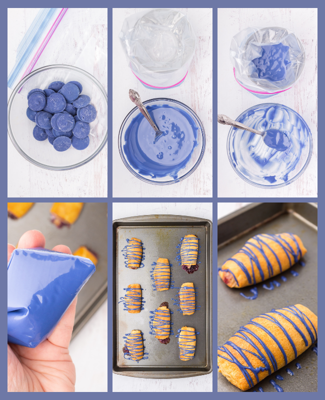 process shots showing how to drizzle chocolate on blueberry cream cheese stuffed crescent rolls