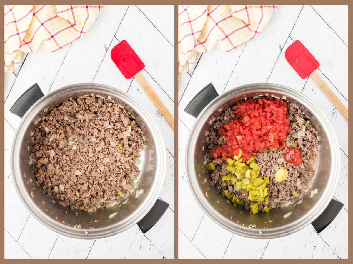 adding the diced tomatoes, pickles, mustard and ketchup to the browned beef