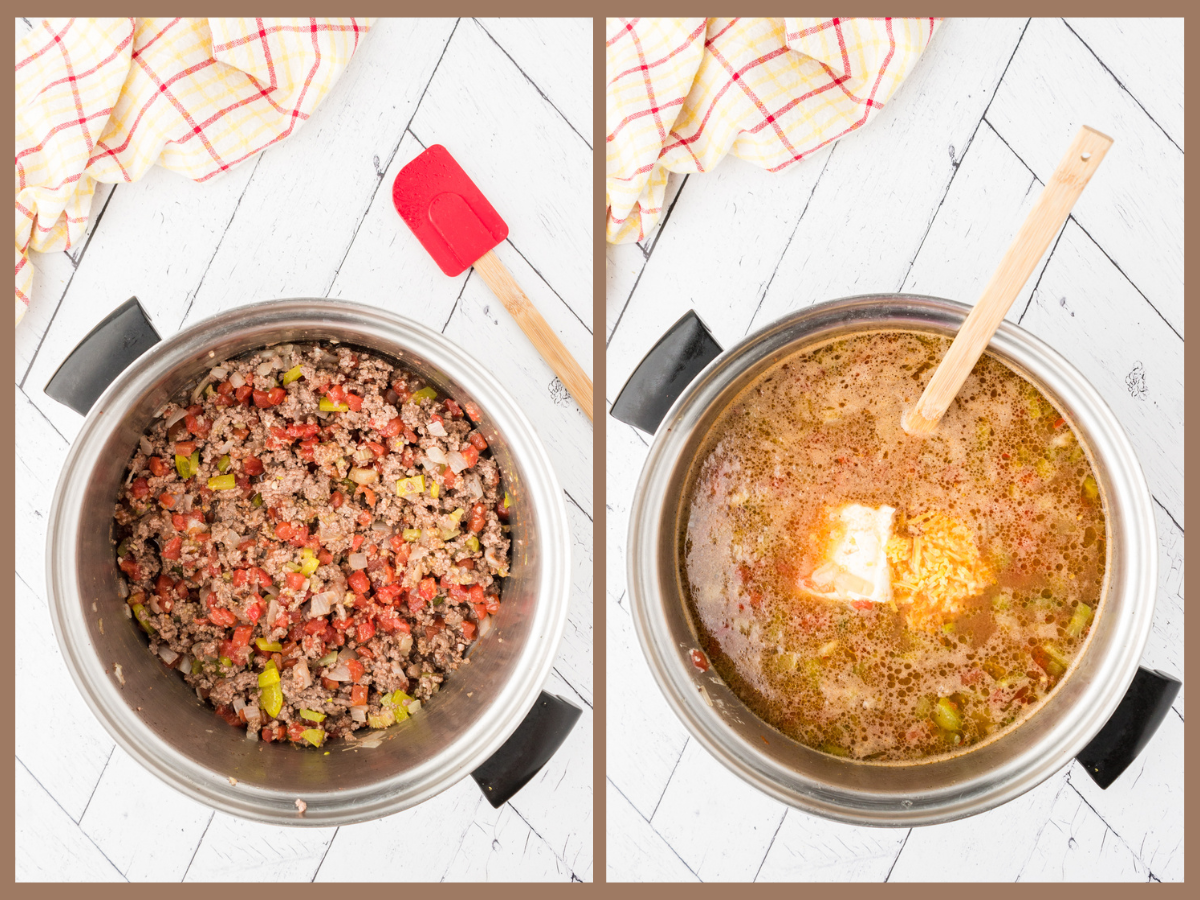 adding in the beef broth to the cheeseburger soup