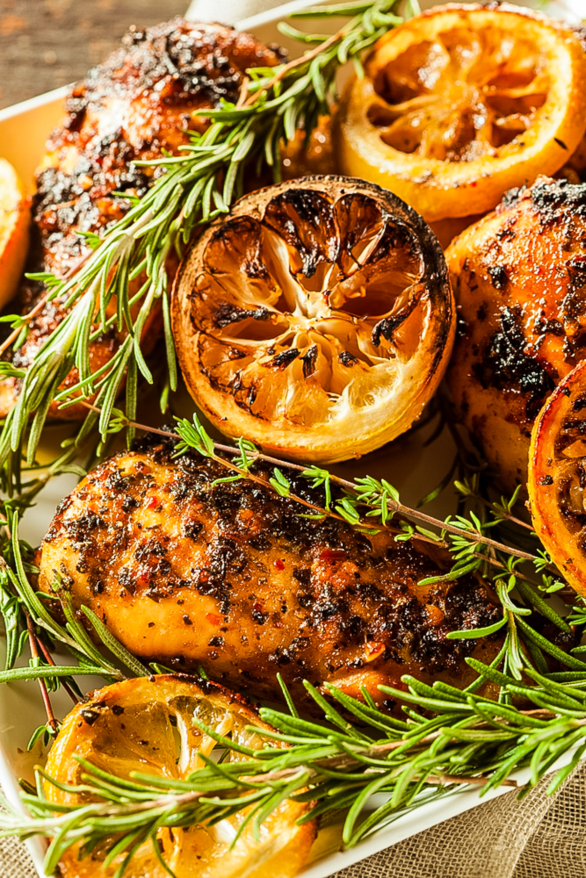 grilled lemon herb chicken with rosemary and grilled lemons