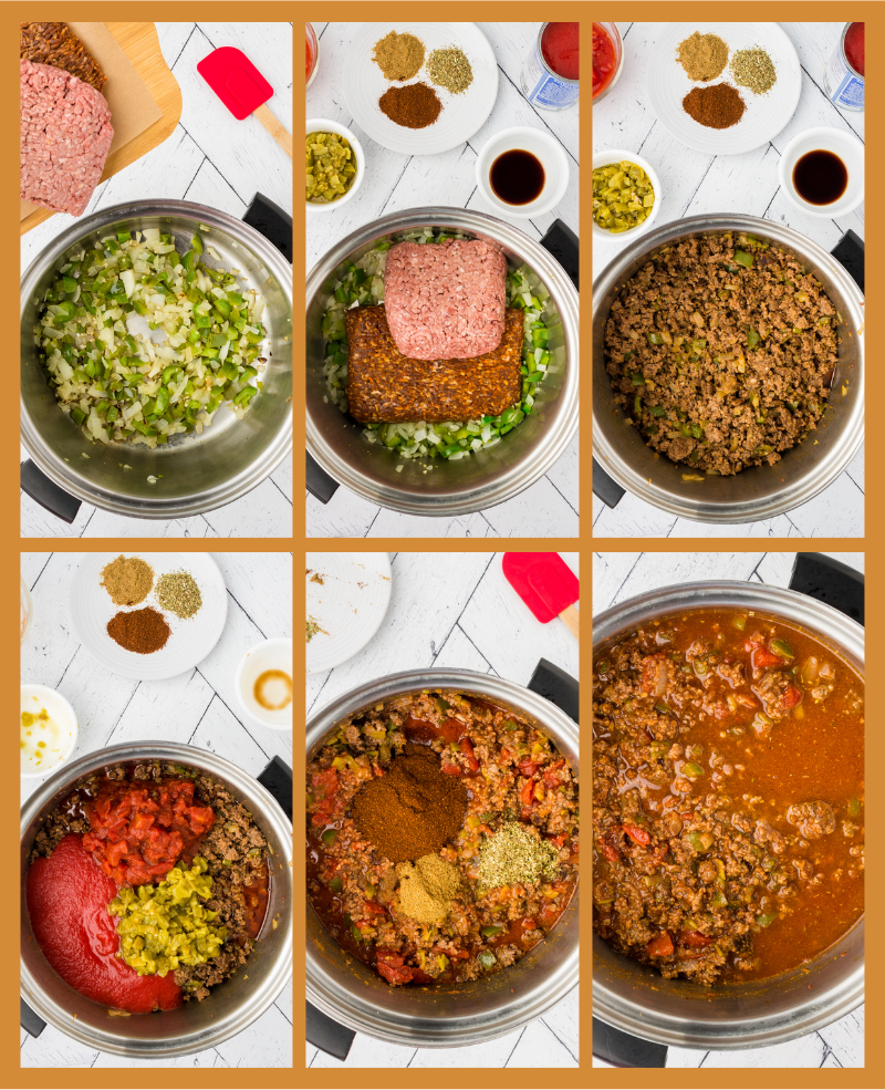 step by step process shots to make this beef and chorizo chili