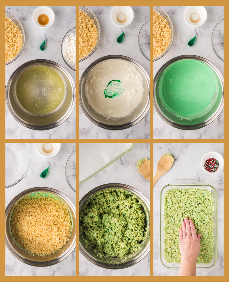 step by step process images showing how to make these rice krispie treats