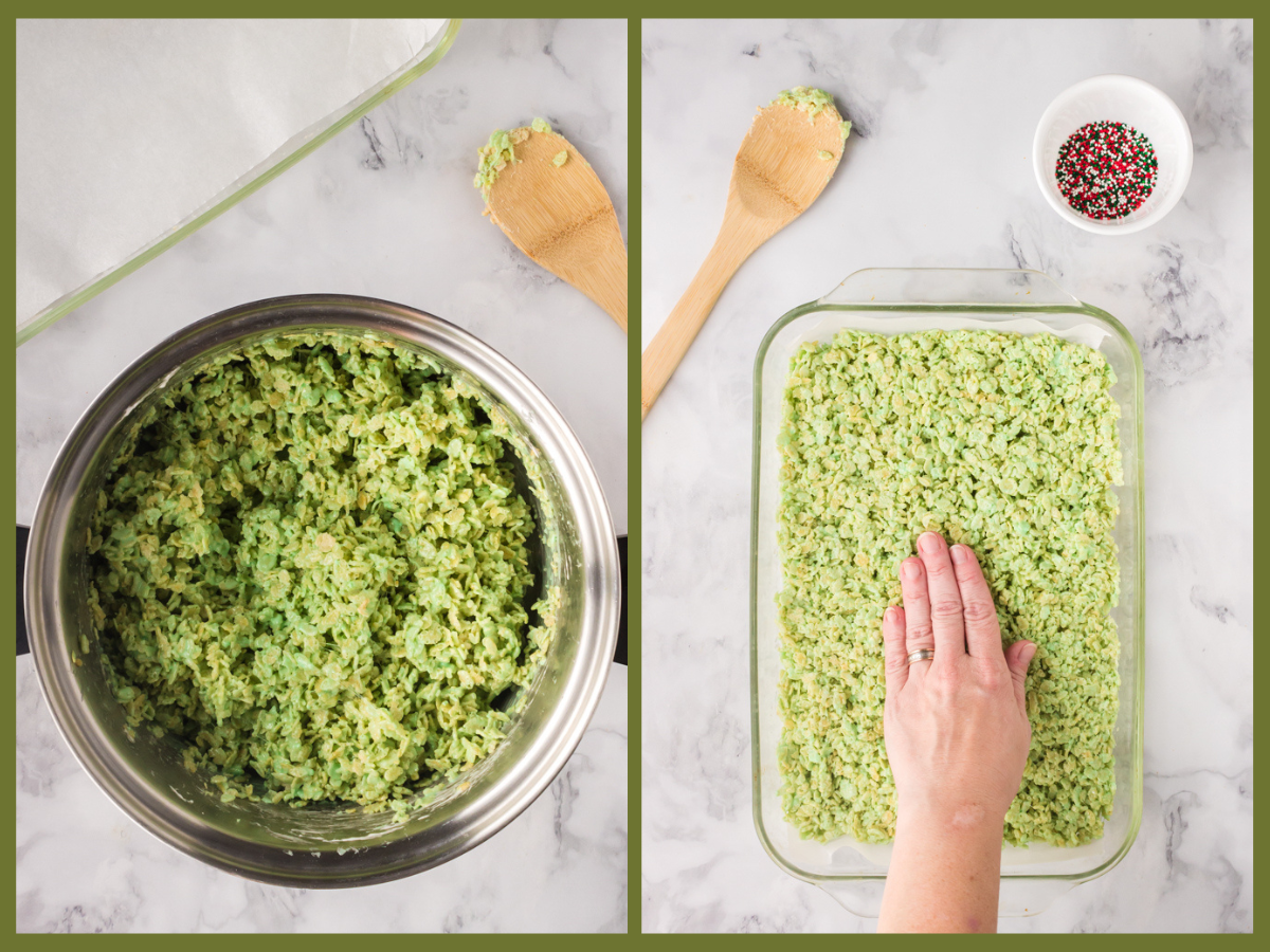 pressing the rice krispie treats into a prepared baking dish