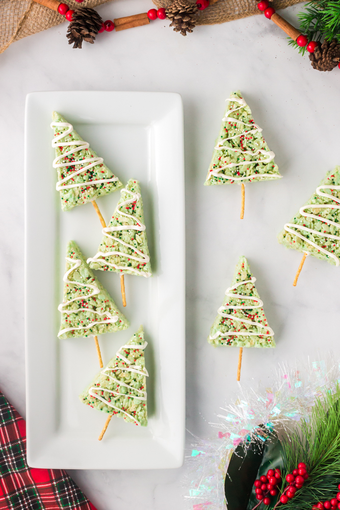 Christmas trees rice krispies treats recipe on a platter