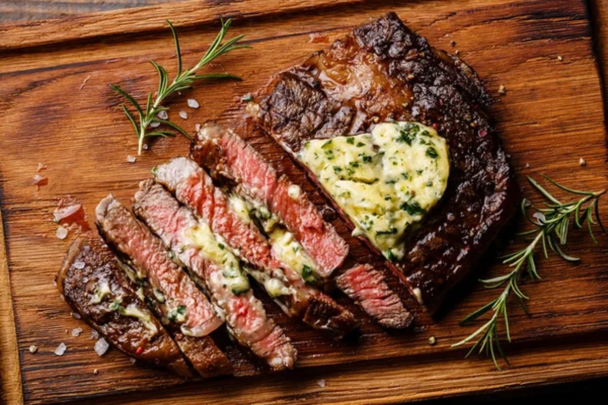 a juicy steak topped with garlic butter and herbs and homemade steak seasoning