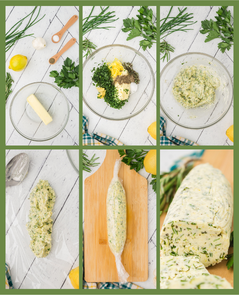 step by step process shots to make this garlic herb compound butter