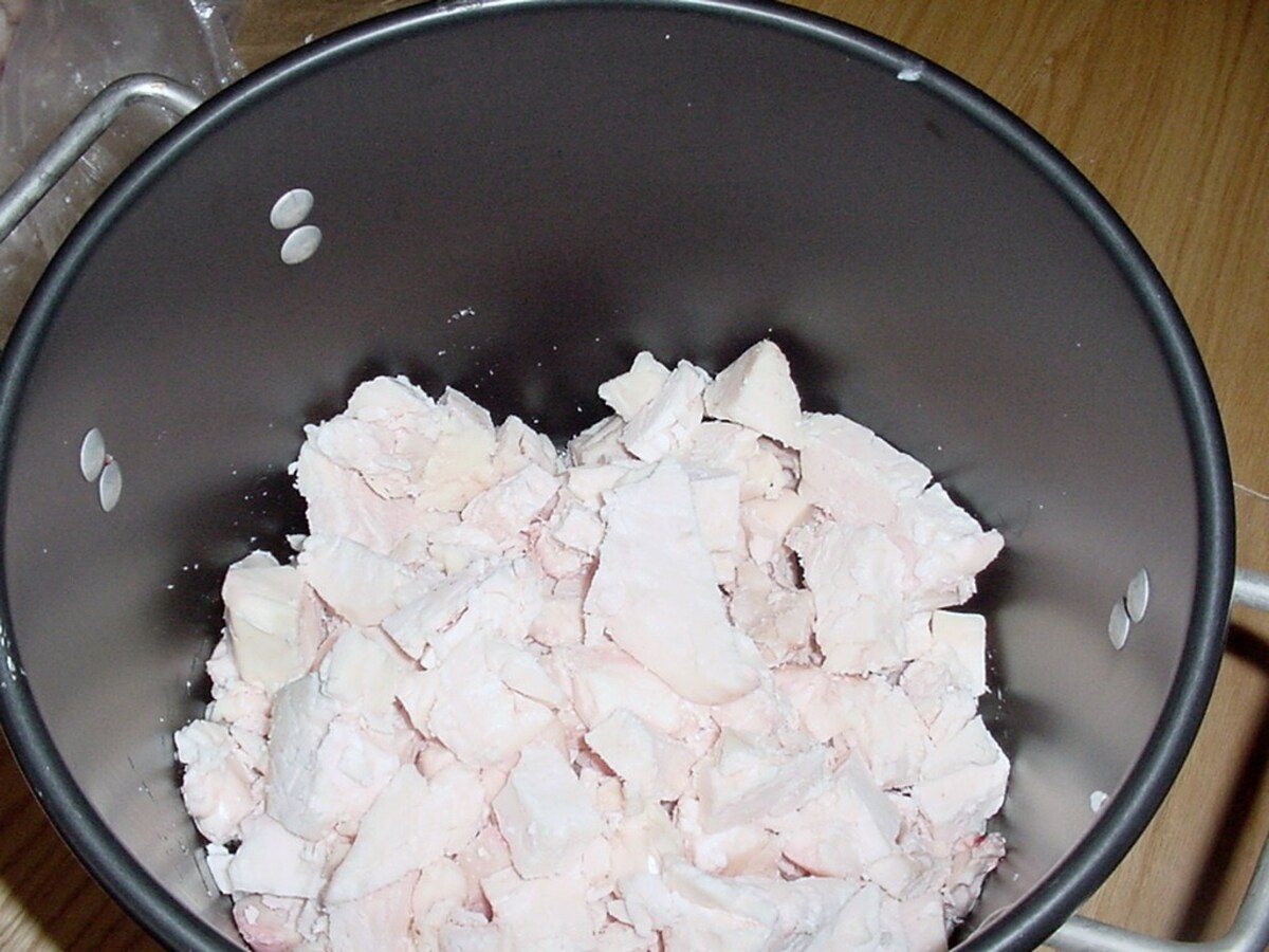 chunks of beef suet in large stockpot