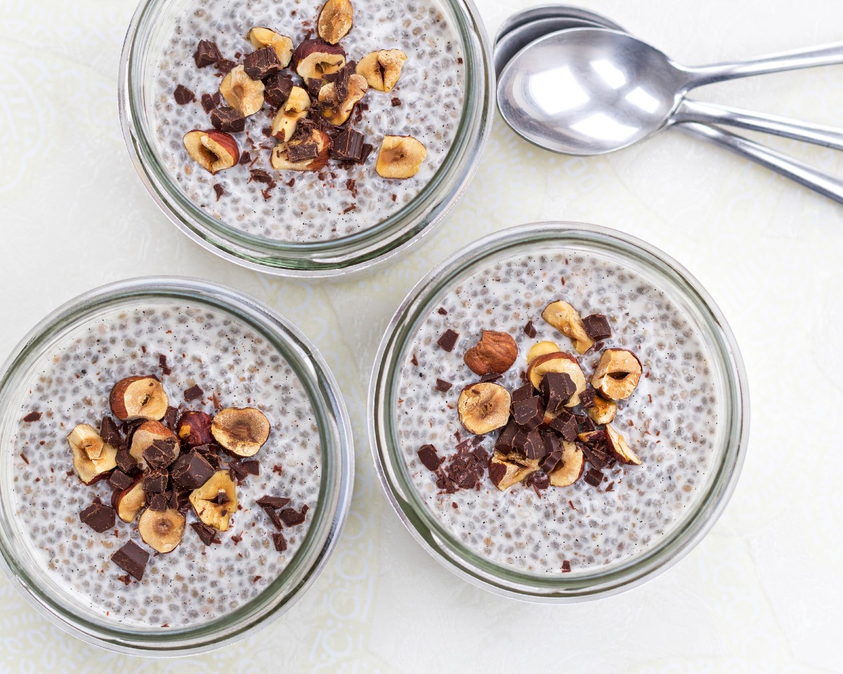 keto breakfast ideas without eggs include chia pudding topped with hazelnuts and chocolate bits