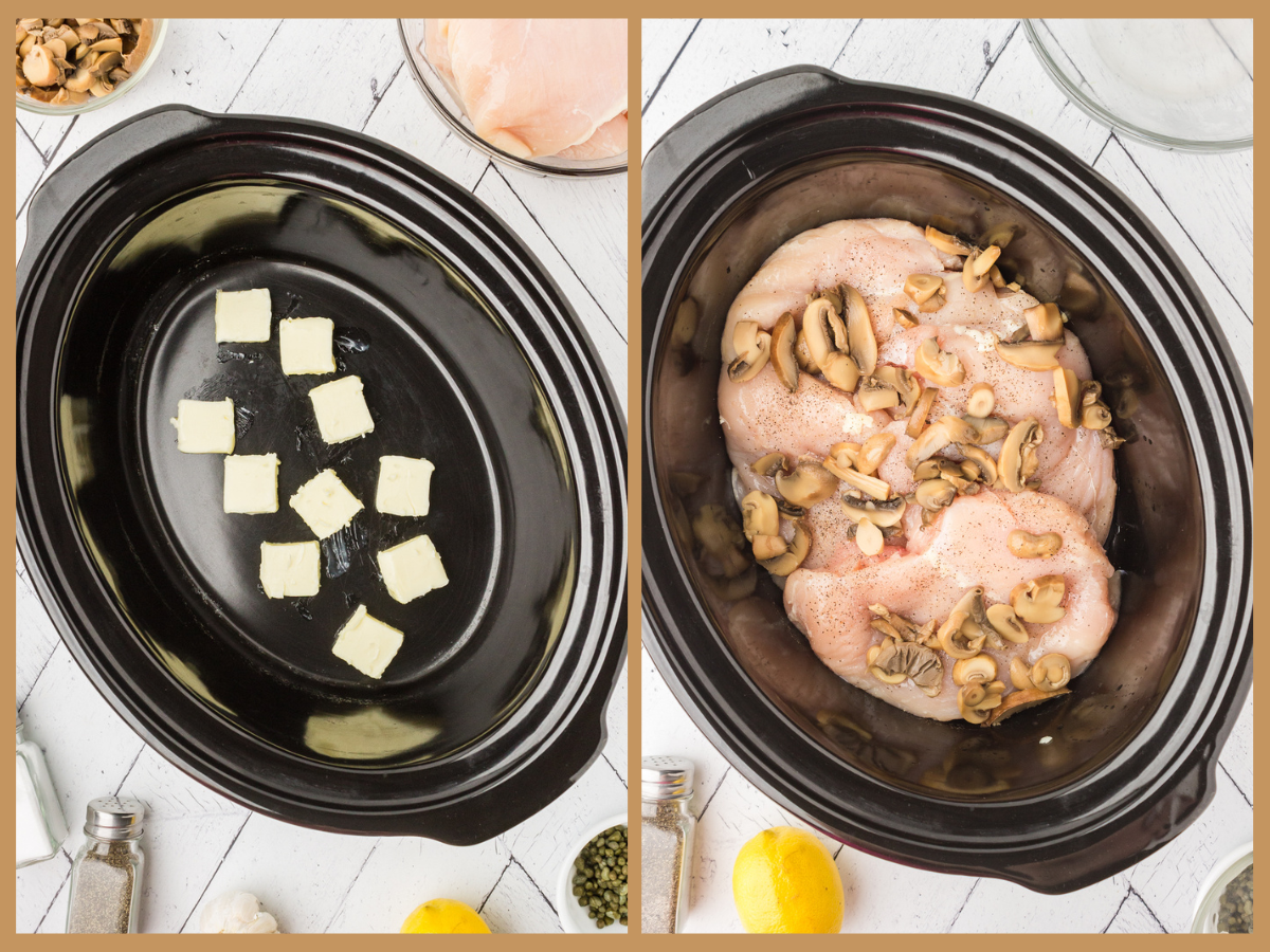 Adding sliced butter, chicken breasts and mushrooms to the crockpot.